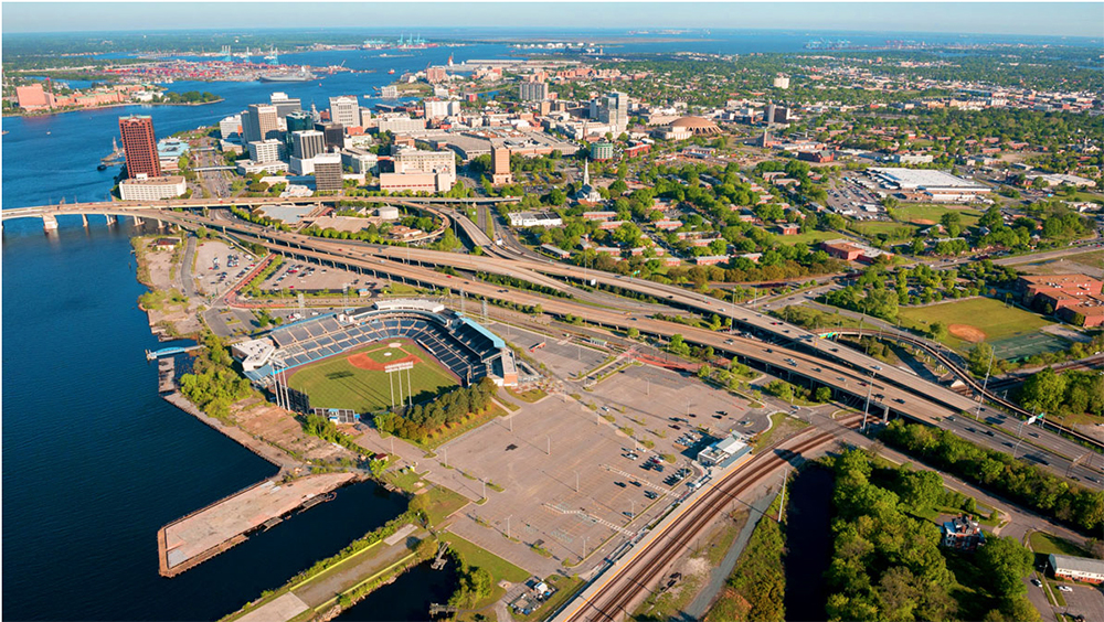 Aerial view of Harbor Park stadium and the Norfolk waterfront