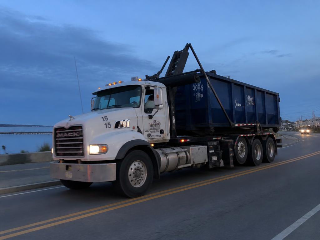 Homerun Hauling roll-off truck delivering a dumpster